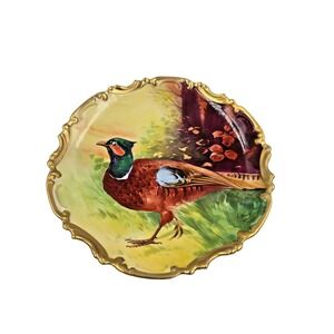 Antique Limoges France Pheasant Platter Gilded Coronet‎ Artist Signed 11 1/2"